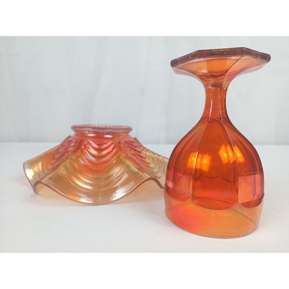 Vintage Bowl And Goblet Handmade Orange Carnival Glass Reverse Ruffled Edges - Picture 8 of 10